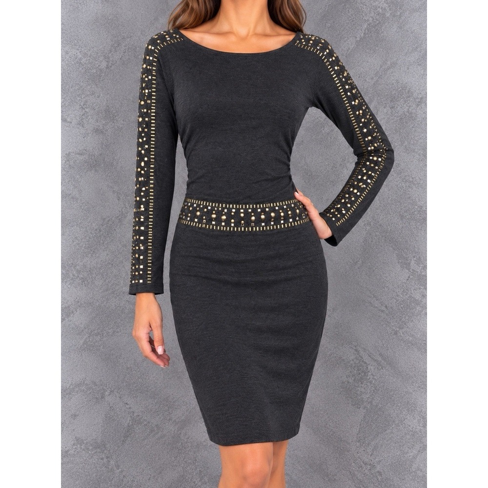 Cache Studded Bodycon Dress Womens Medium Gray Y2K Dark Glam Goth Embellished